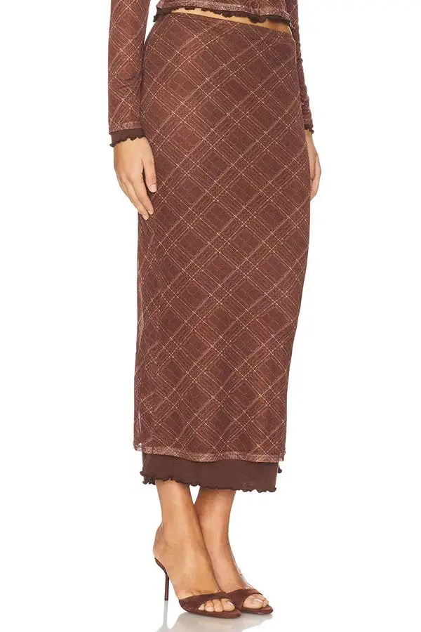 Women's Brown Plaid Knit Mermaid Midi Skirt