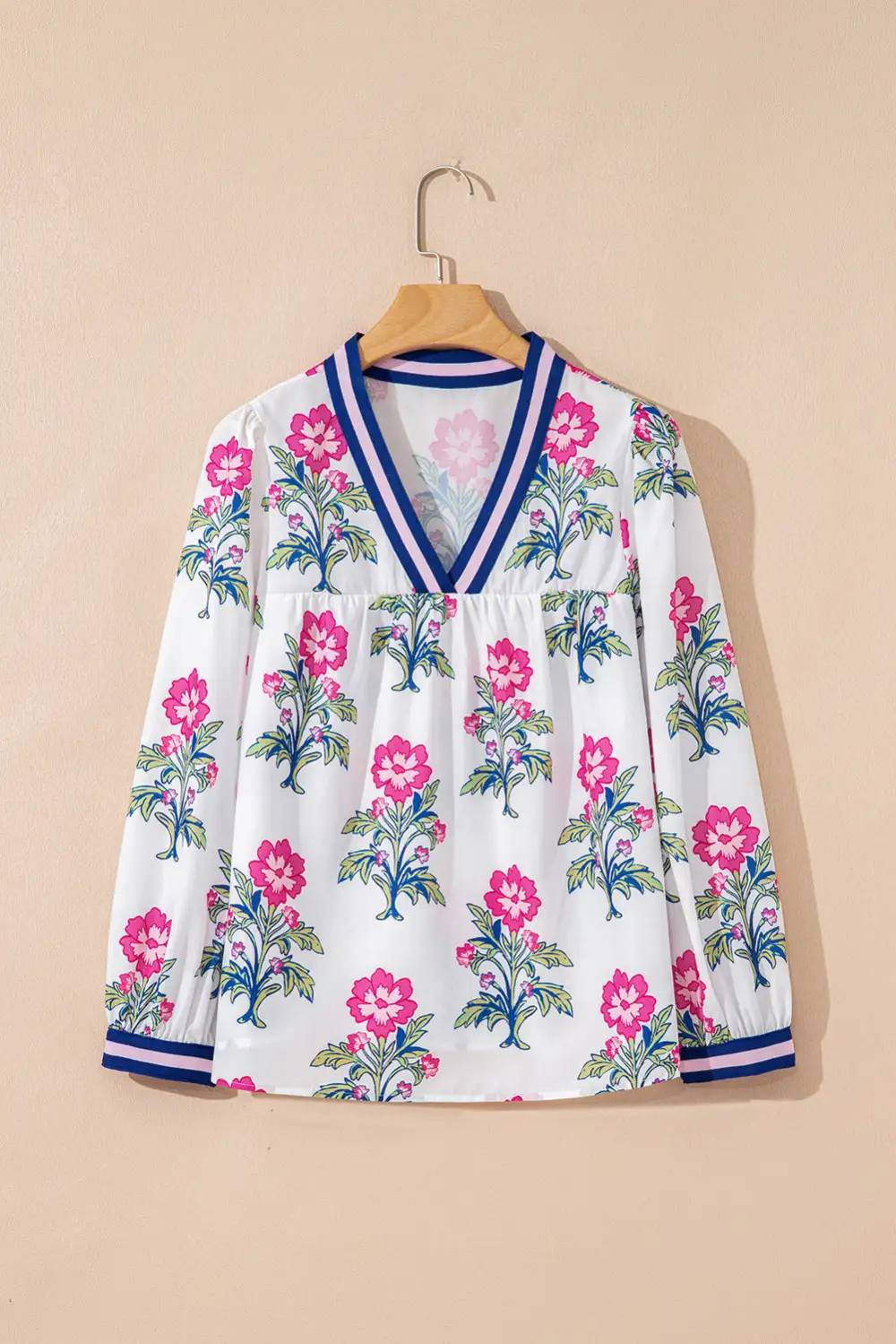 Women's Floral Print V Neck Striped Top