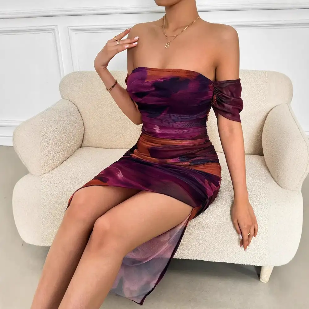 Women's Bodycon Off-Shoulder Slit Evening Maxi Dress