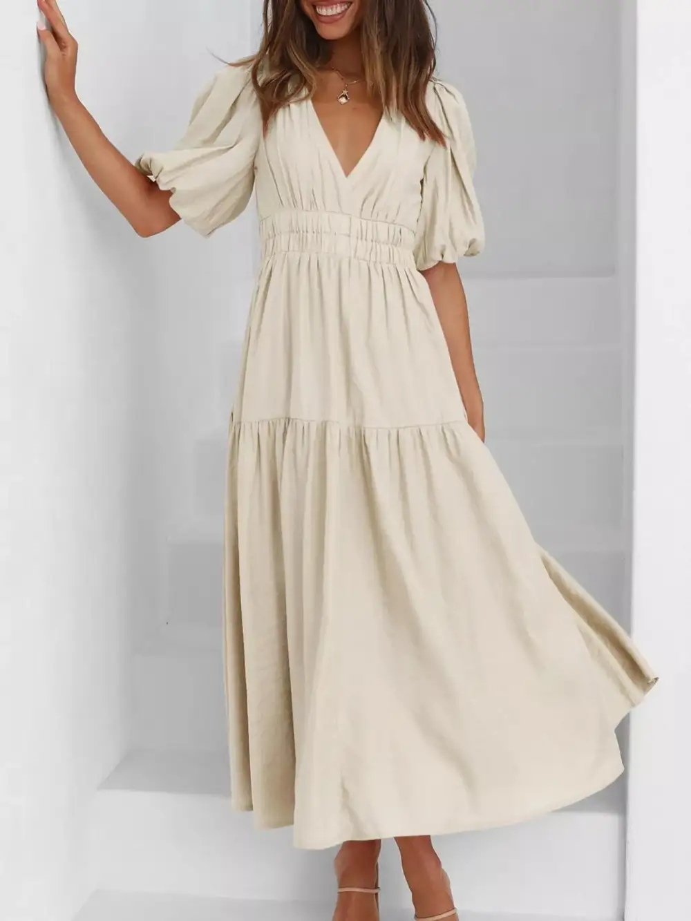 Everyday V-neck Puff Sleeve Midi Dress