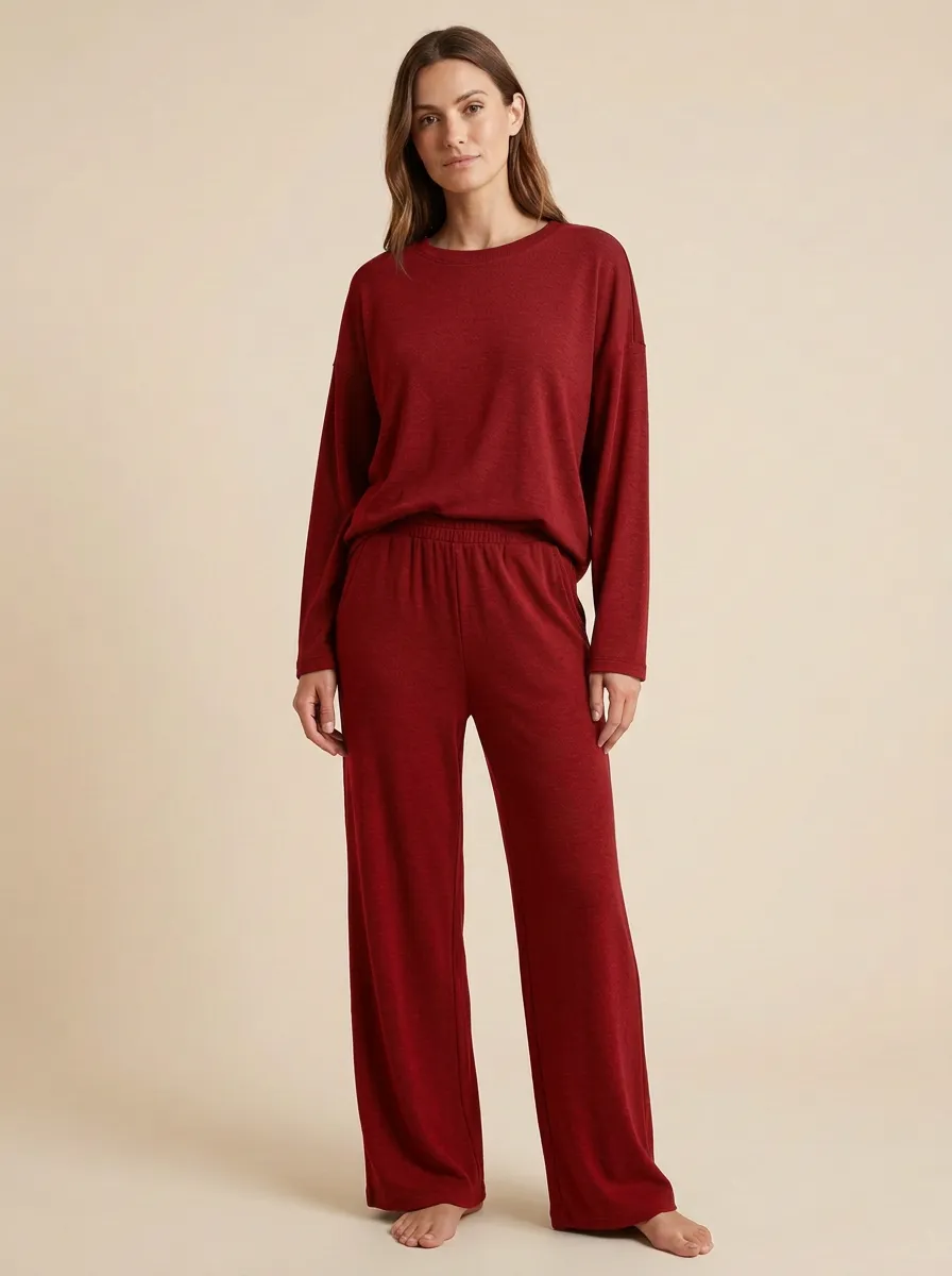 Women's Ribbed Long-Sleeve Crewneck Top And Pull-On Wide-Leg Trouser Lounge Set