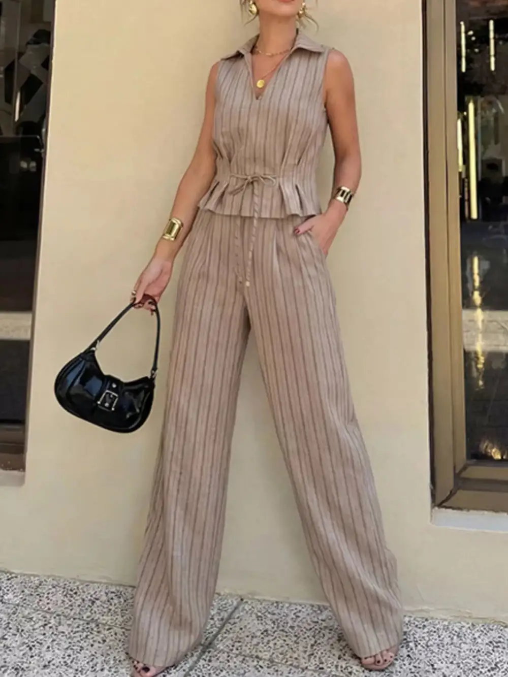 Sleeveless Striped Top & Wide Leg Pant Set