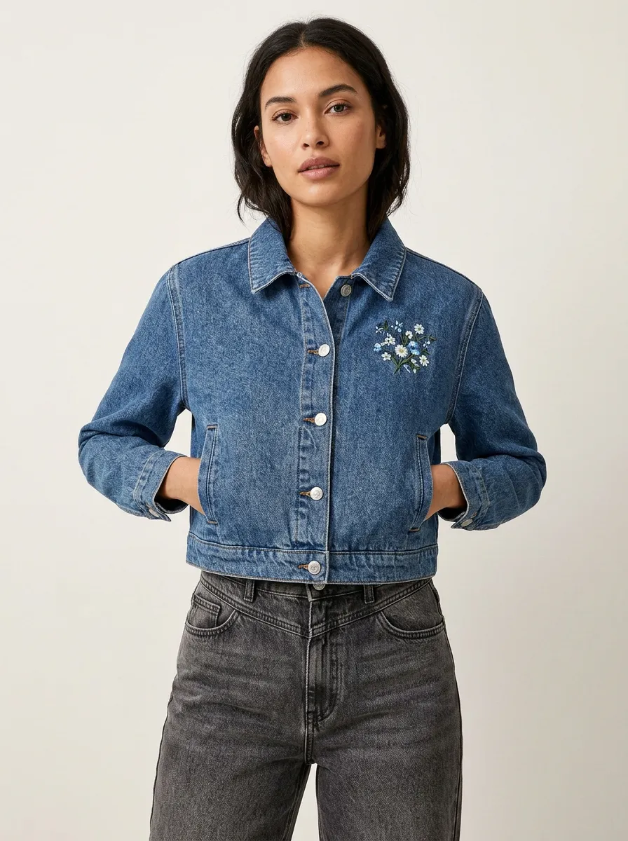 Women's Blue Denim Floral Chest Embroidery Jacket