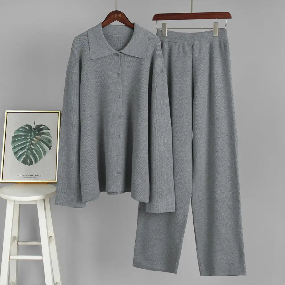 Relaxed Ribbed Sweater And Pants Set With Collar