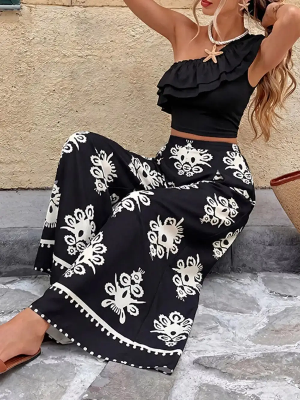 One Shoulder Ruffled Crop Top and Wide Leg Printed