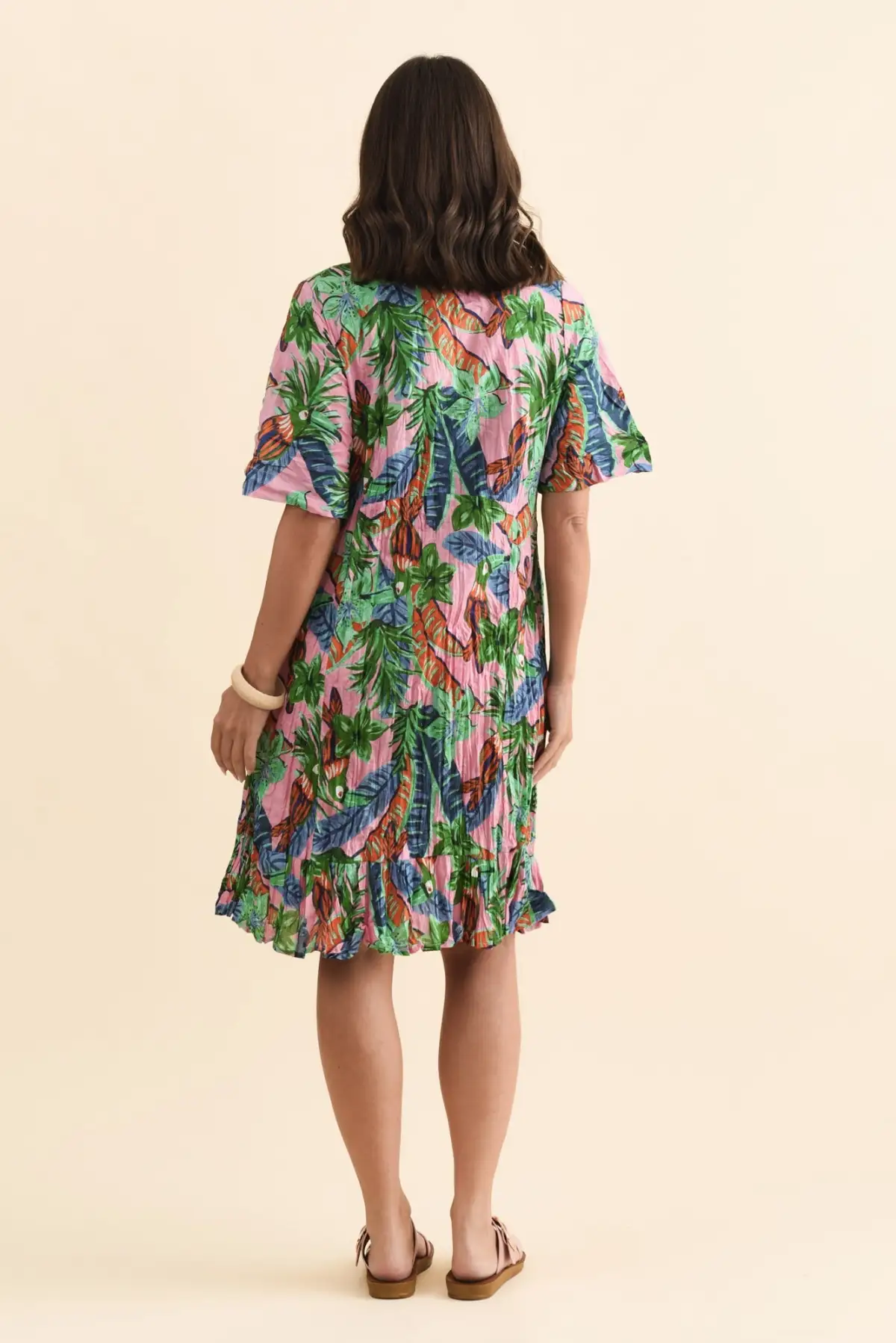 Knee-Length Floral Cotton Gathered Pocket Ruffle V-Neck Dress