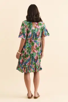Knee-Length Floral Cotton Gathered Pocket Ruffle V-Neck Dress