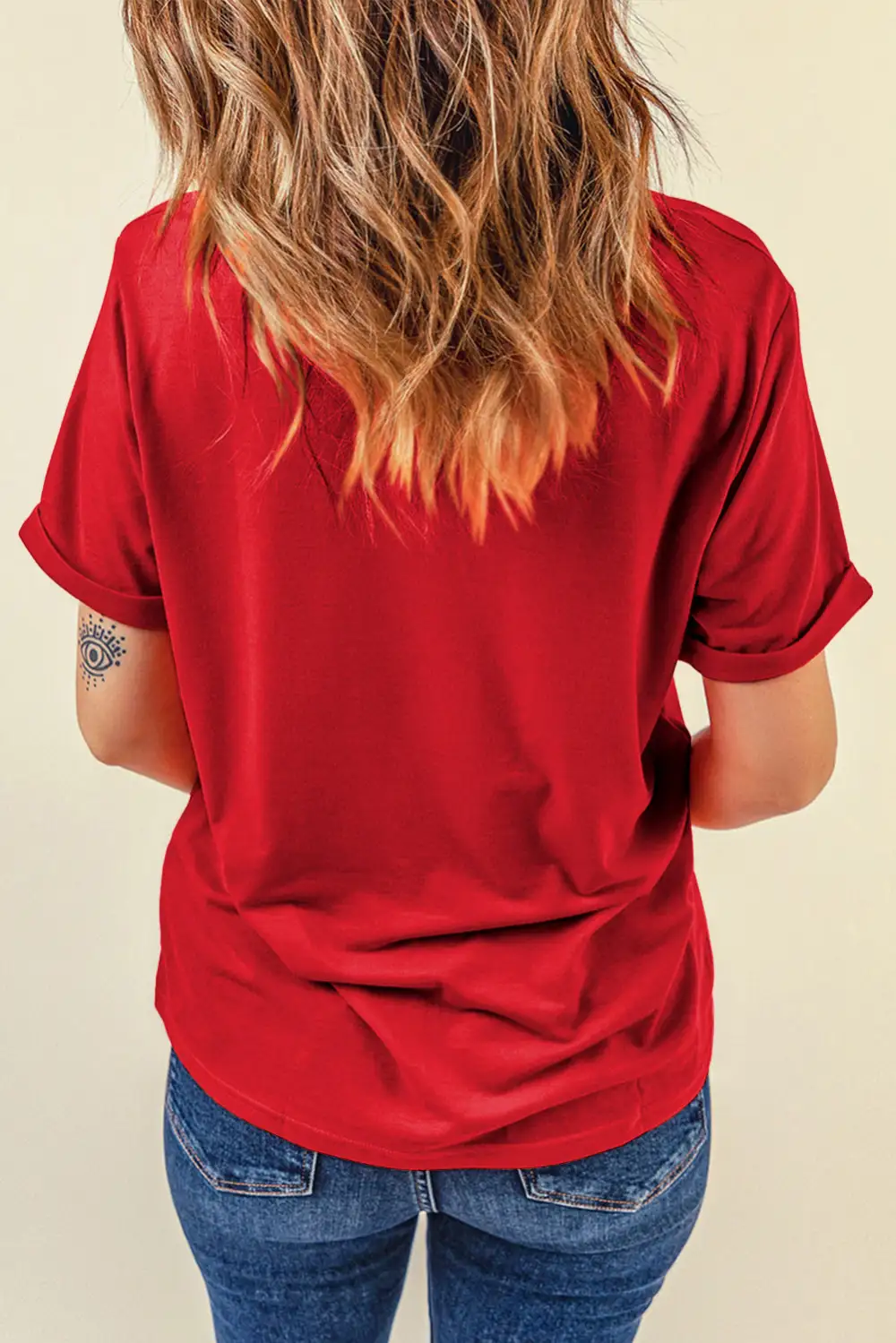 Red Casual Plain Crew Neck