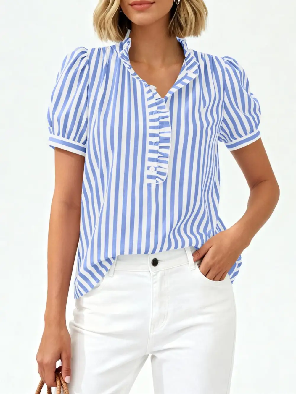 Frill Striped Puff Sleeve Buttoned Ruffled Blouse