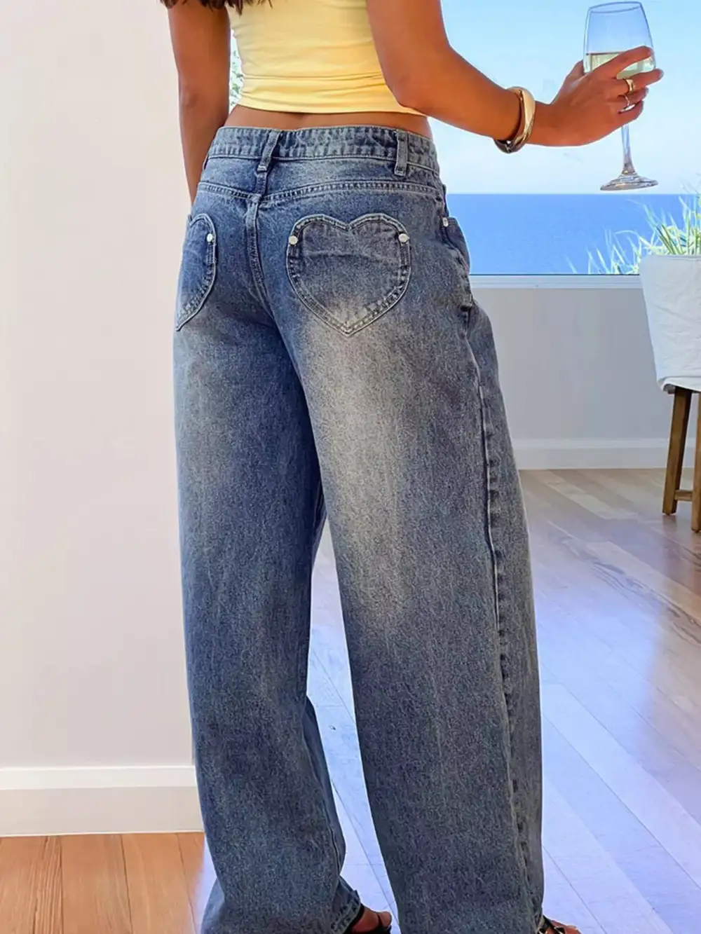 Pocketed Wide Leg Jeans Denim Pants For Women
