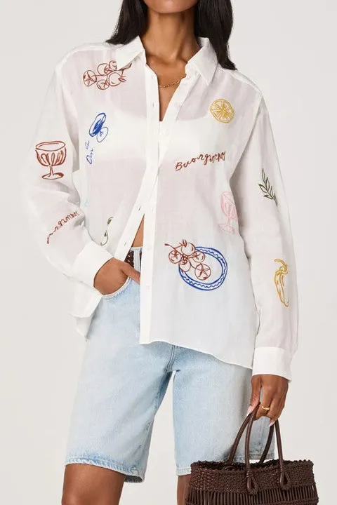 White Embroidered Picnic Theme Button-Up Shirt