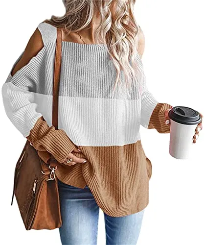 Women's Cold Shoulder Oversized Sweaters Batwing Long Sleeve Square Neck Chunky Knit Fall Tunic Sweater Tops
