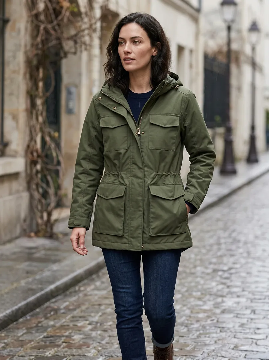 Women's Olive Green Hooded Utility Waterproof Jacket with Adjustable Cuffs