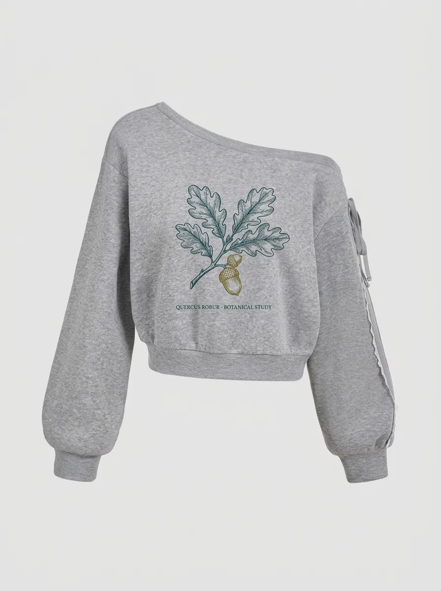 Women's Nature Oak Acorn Botanical Graphic Off-Shoulder Sweatshirt