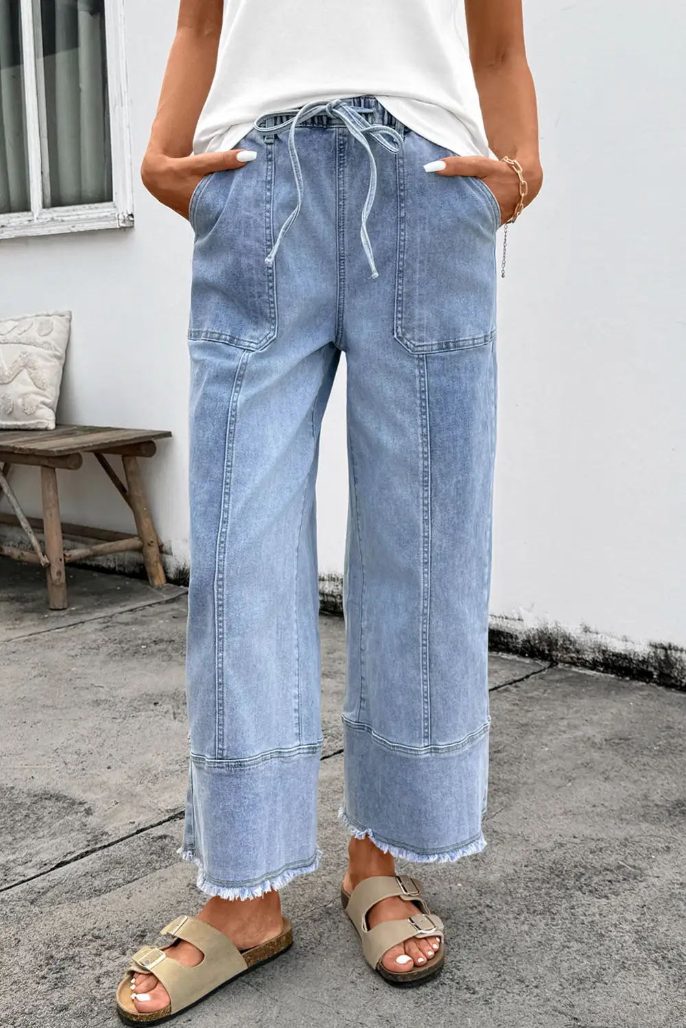 Women's Wide Leg Denim Pants With Drawstring Seam Detail