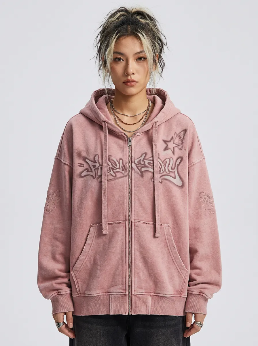 Unisex Streetwear Graffiti Star Butterfly Printed Zip-up Hoodie