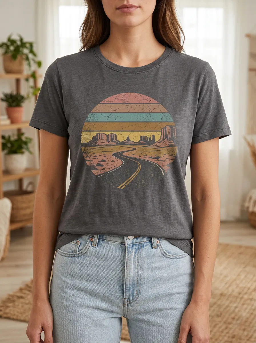 Women's Desert Road Trip Vintage Sunset Printed T-shirt