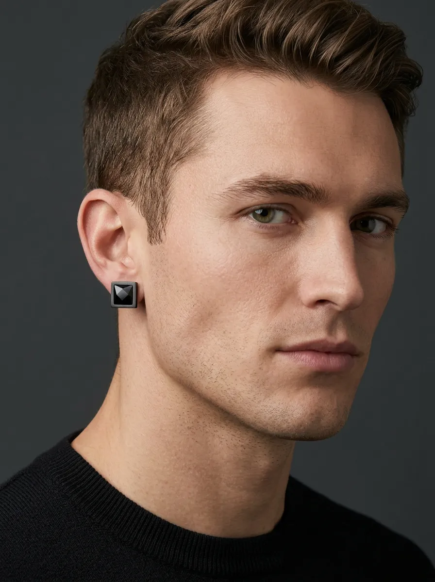 Men's Faceted Minimalist Square Stud Earrings