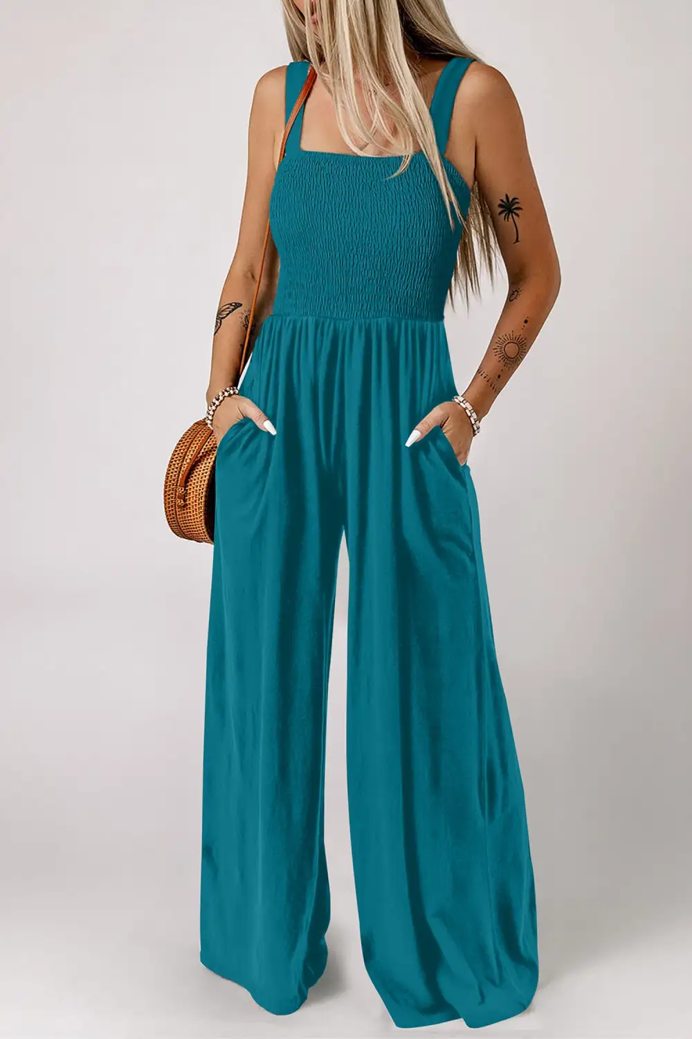 Smocked Square Neck Sleeveless Pockets Jumpsuit