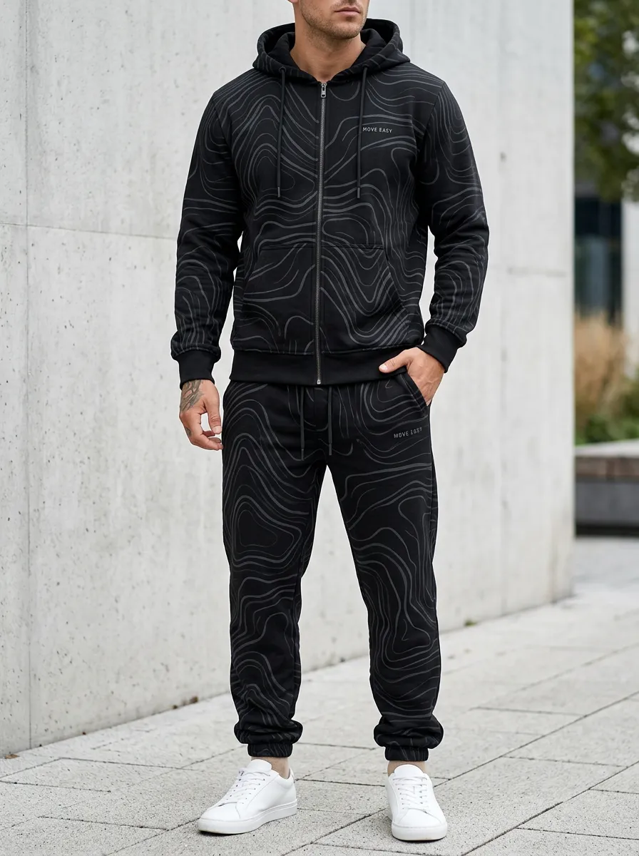 Men's Streetwear Topographic Pattern Print Jogger Set