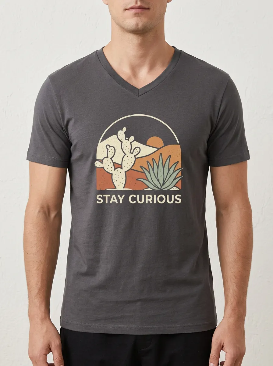Men's Stay Curious Desert Cactus Printed V-Neck T-Shirt