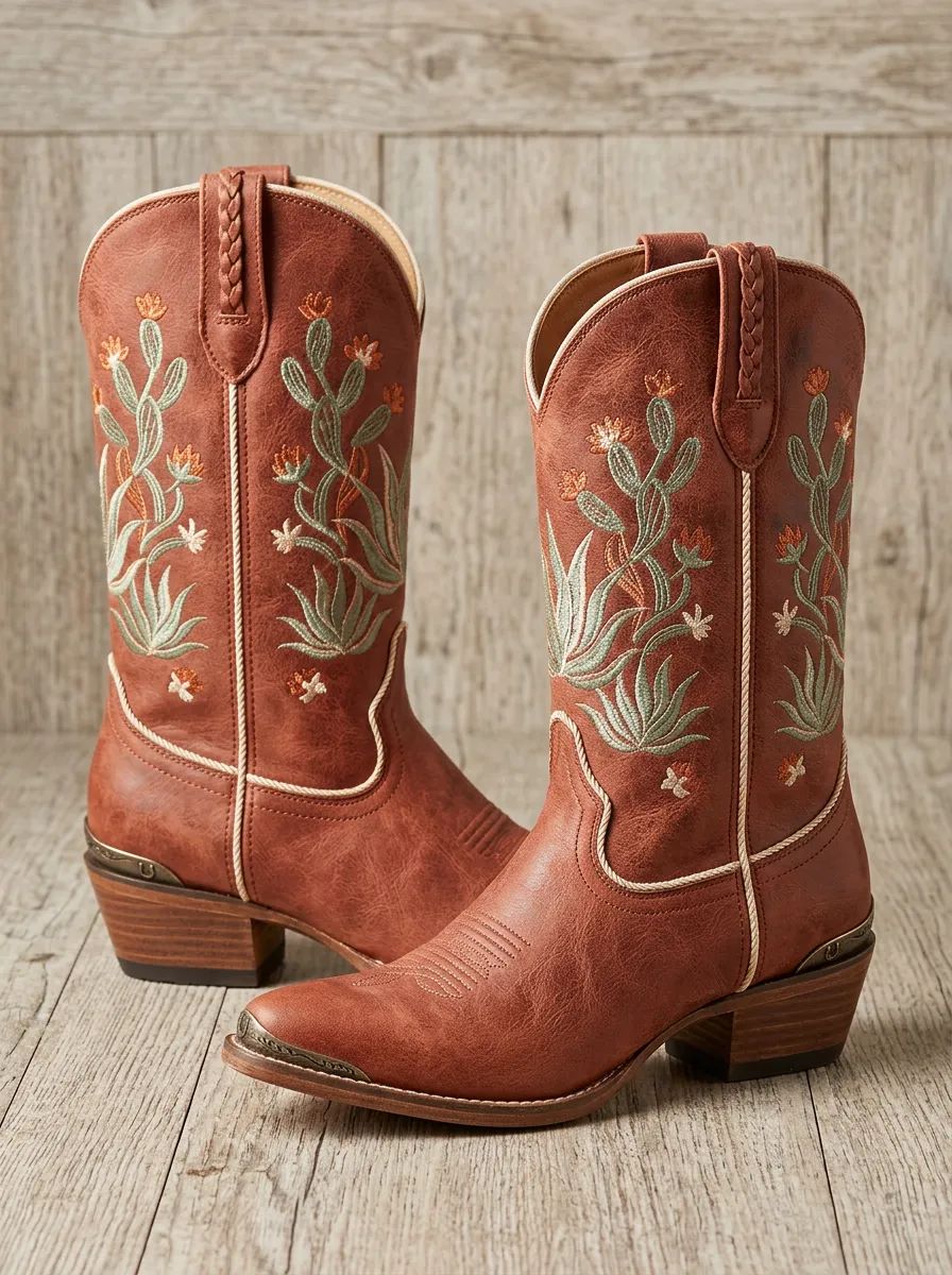 Prairie Cactus Floral Embroidered Pattern Unisex Western Cowboy Boots
