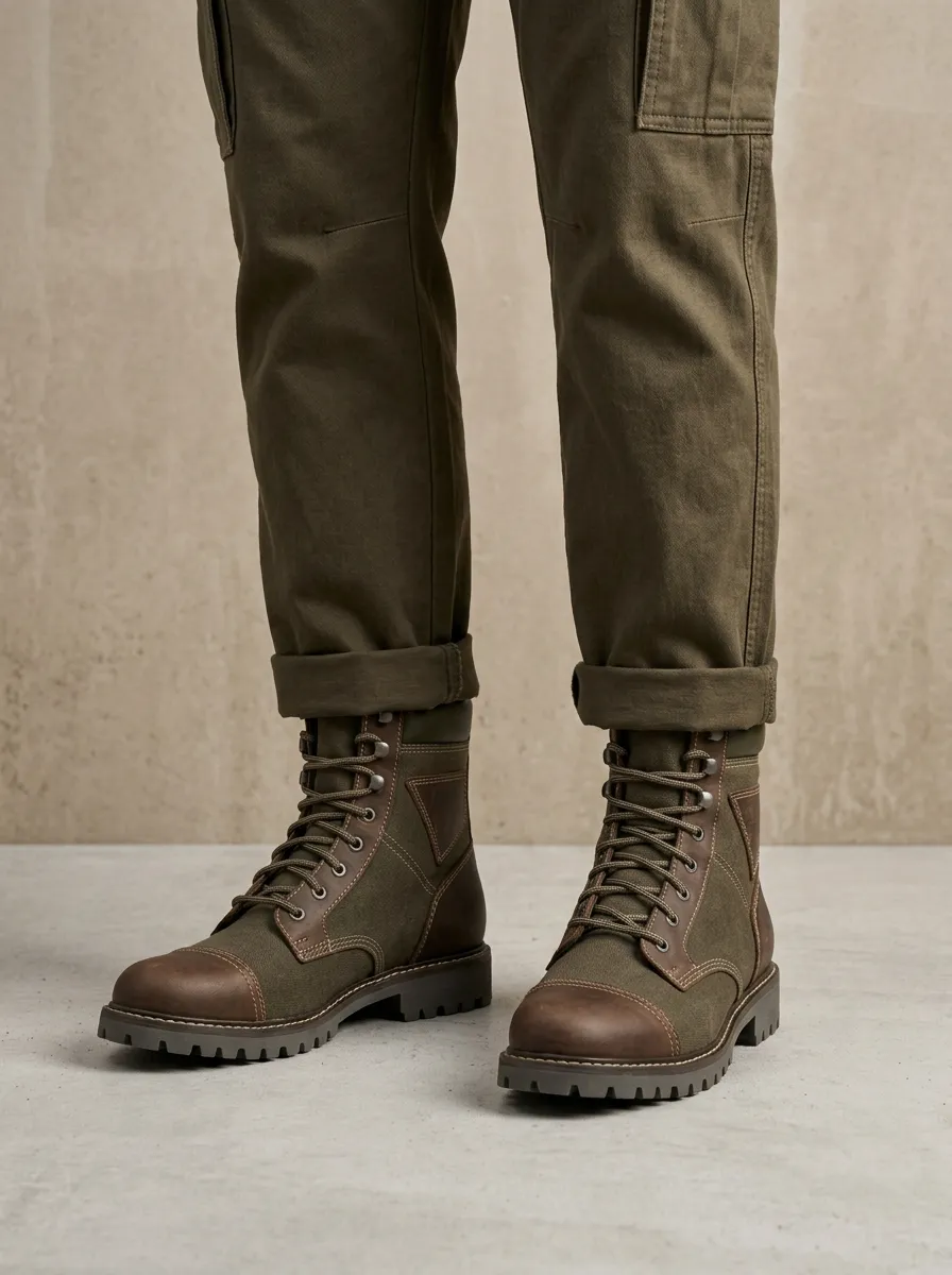 Unisex Canvas Leather Patchwork Print Work Boots