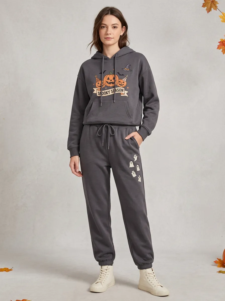 Women's Halloween Charcoal Spooky Season Pumpkin Ghost Kangaroo-Pocket Hoodie Jogger Set