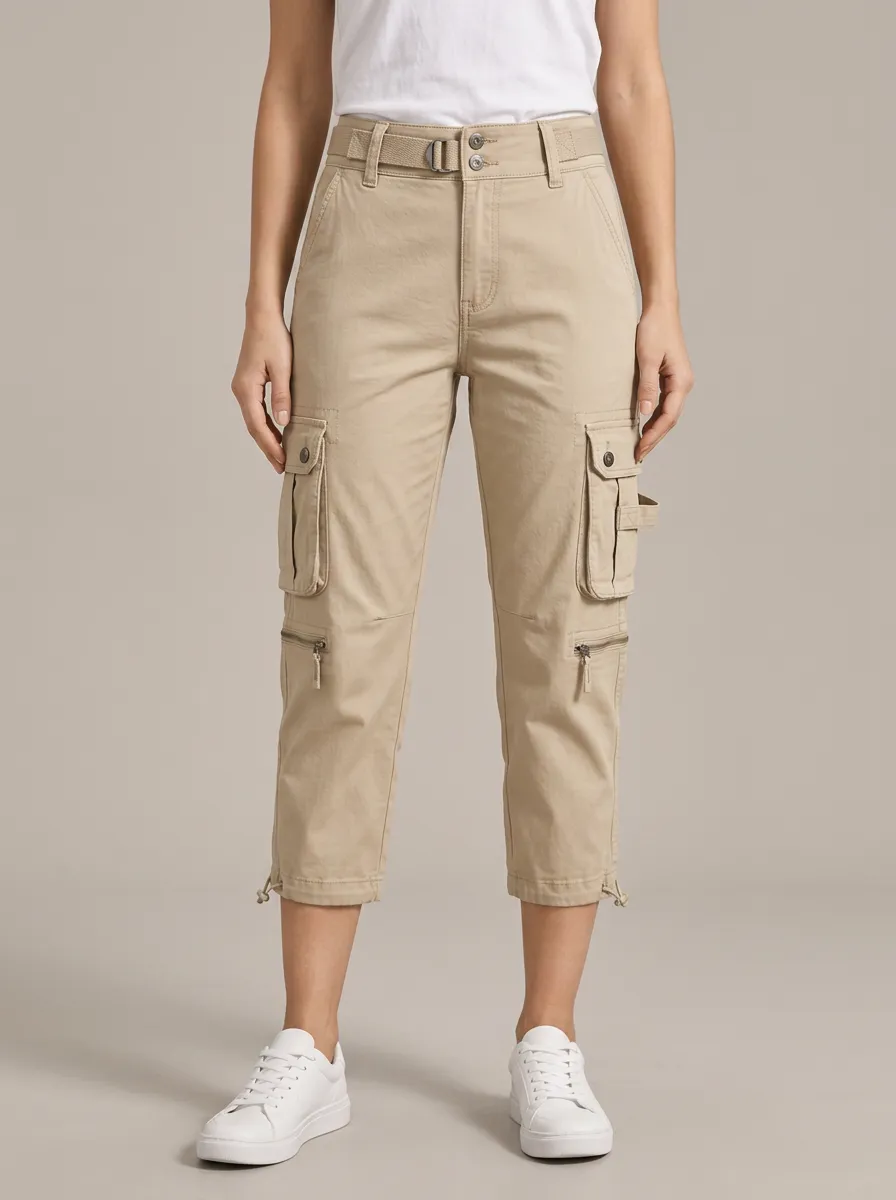 Women's Mid Rise Drawstring Belted Capri Multi Pocket Cargo Pants