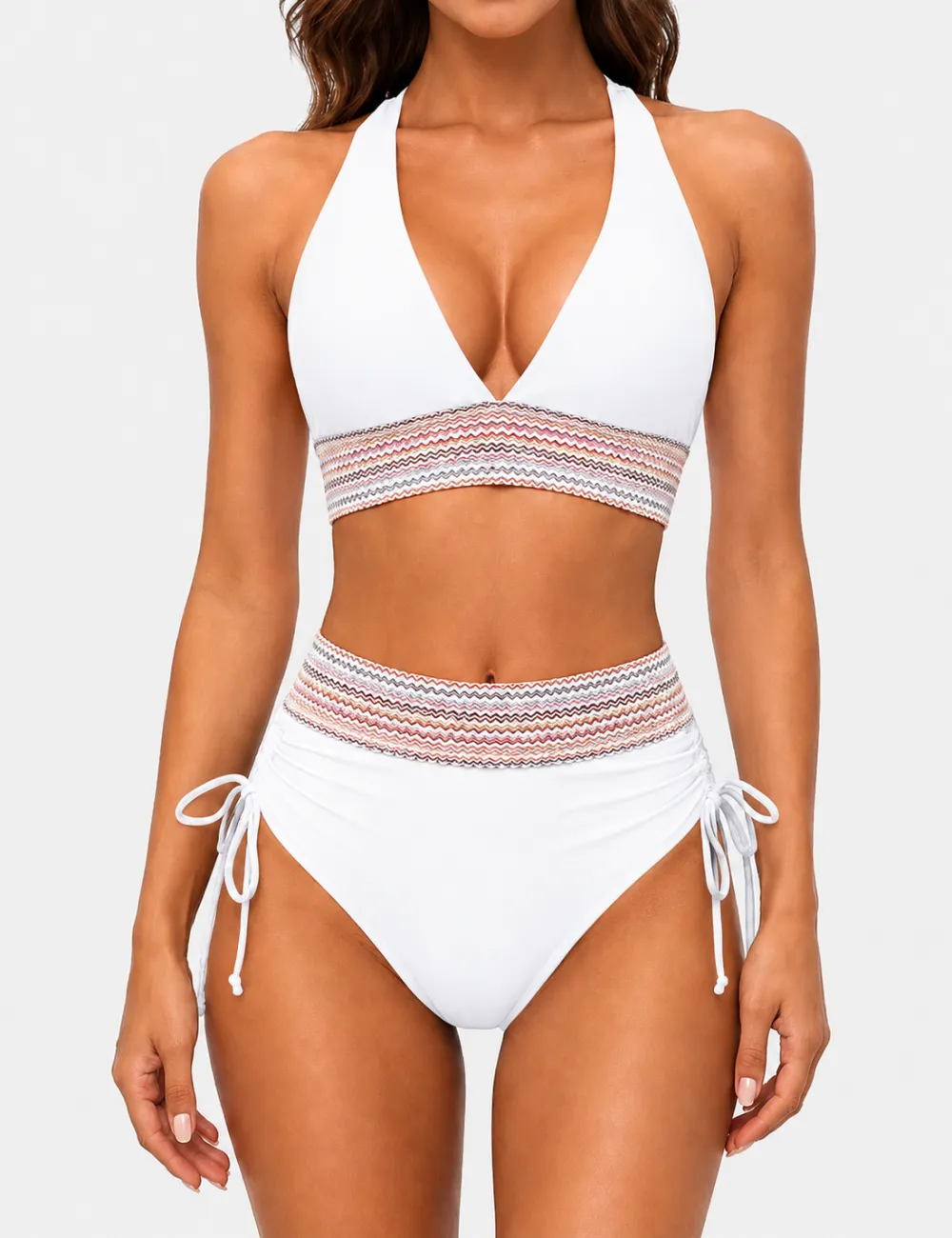 Deep V Neck Colorful Zigzag Smocked Trim Bikini Set