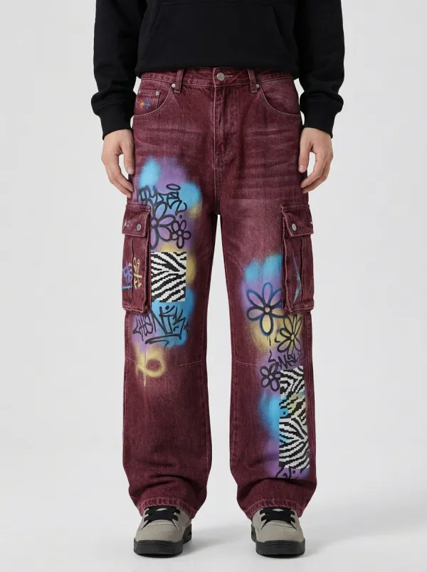 Men's Canvas Graffiti Floral Zebra Graphic Cargo Jeans