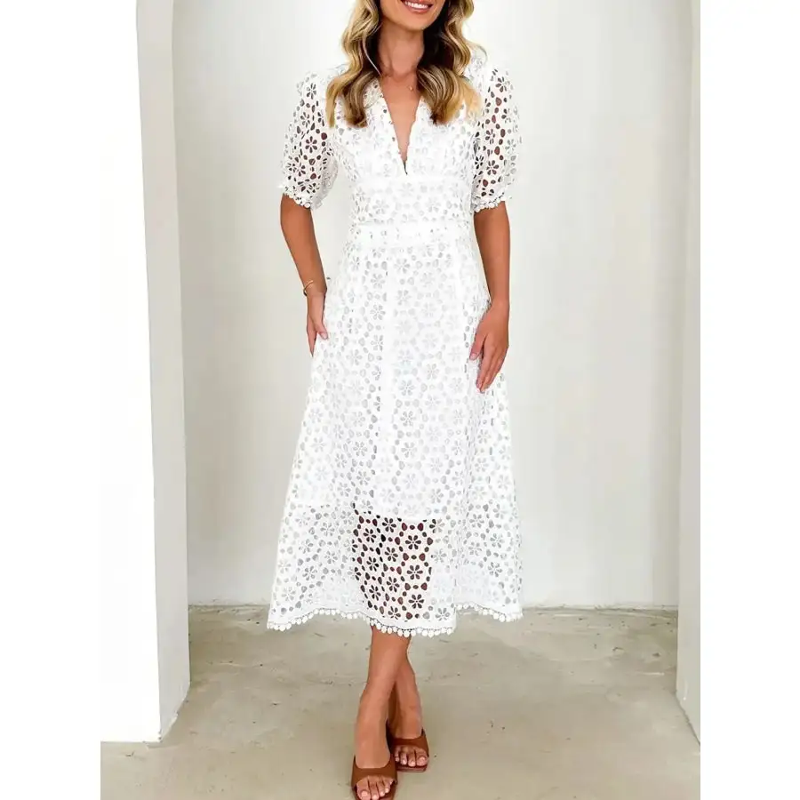 Eyelet Lace V-Neck Midi Dress with Puff Sleeves