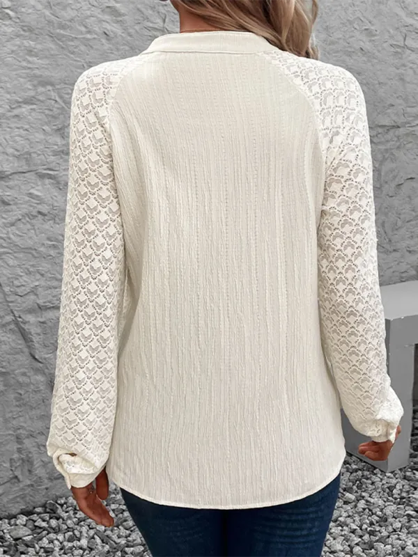 V-Neck Stand-Collar Long-Sleeve Pocketed Casual Shirt