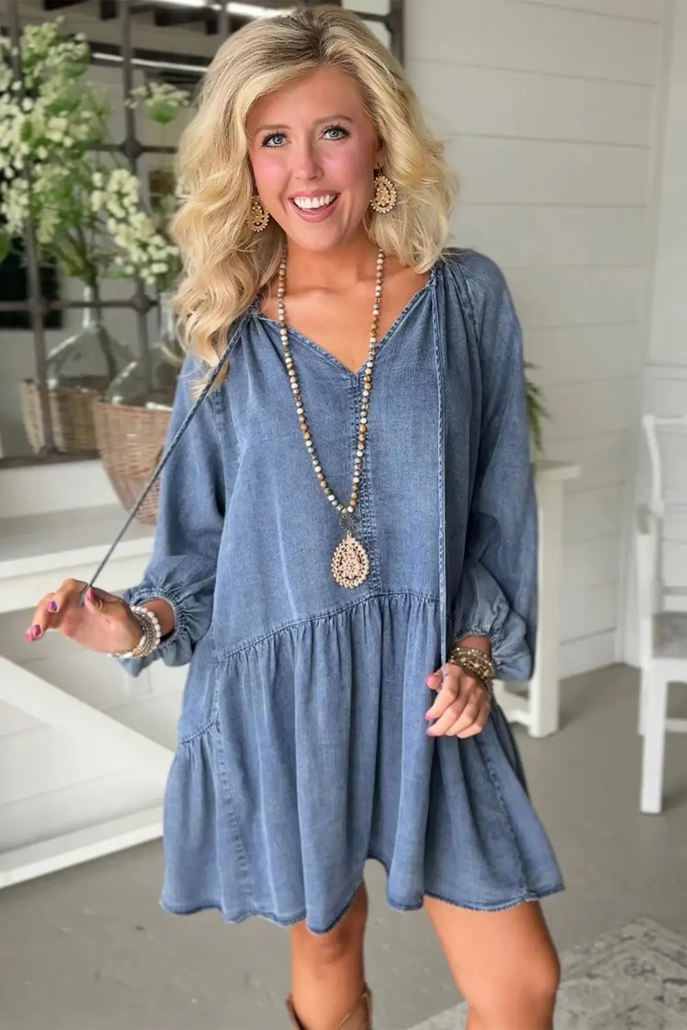 Denim V Neck Ruffle Mini Dress