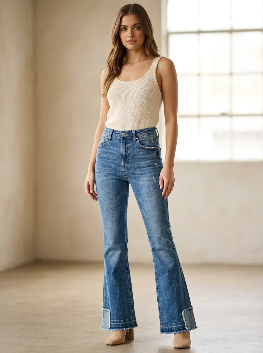 Women's Casual Fashion Distressed Hem Printed Flare Jeans