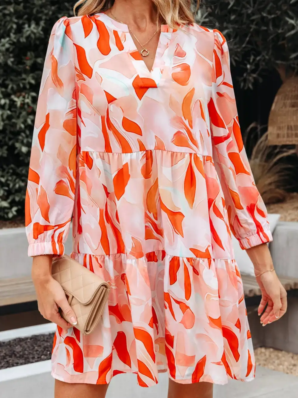 Abstract Print Tiered Long Sleeve Mini Dress