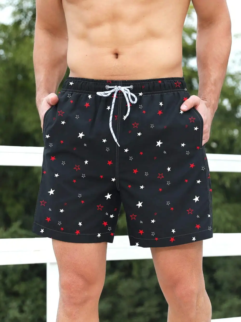 Men's Allover Star Print Drawstring Swim Trunks