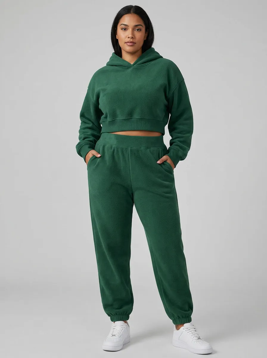 Women's Forest Green Fleece Cropped Hoodie and Rib-Cuff Jogger Set