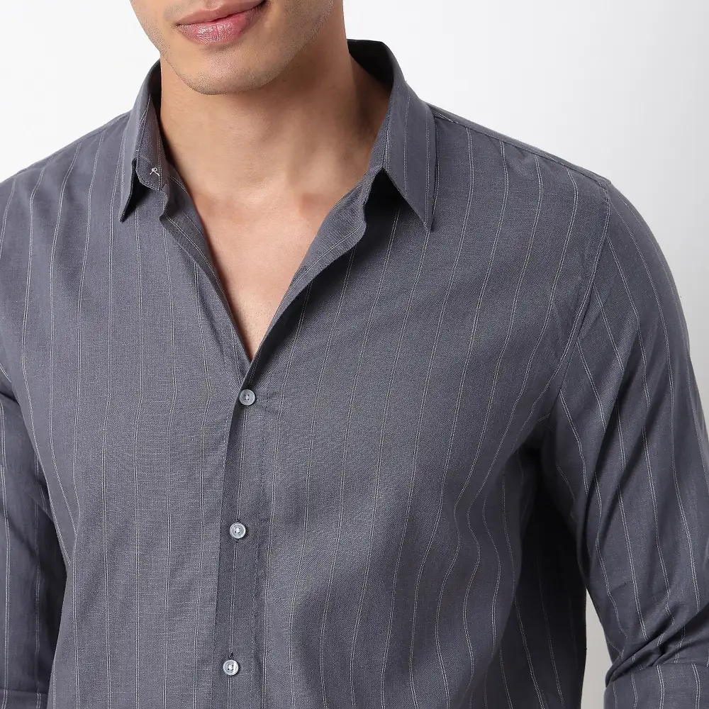 Striped Slim Fit Linen Blend Men's Formal Shirt