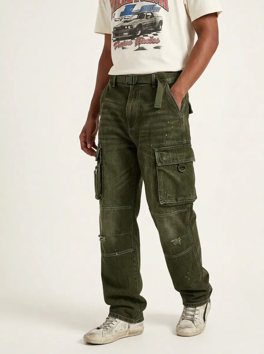 Men's Streetwear Distressed Black Cargo Jeans with Belt