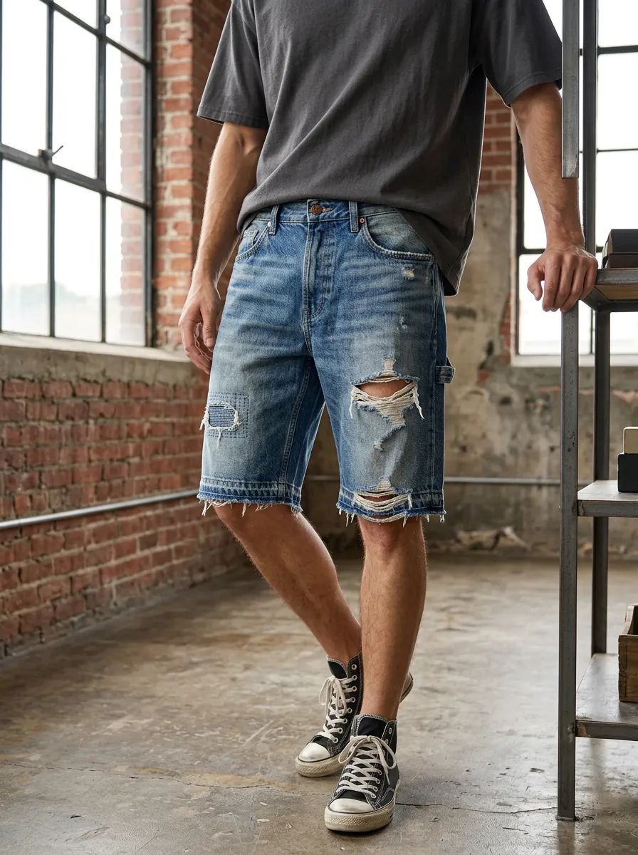 Men's Patchwork Denim Shorts Featuring Five Pocket