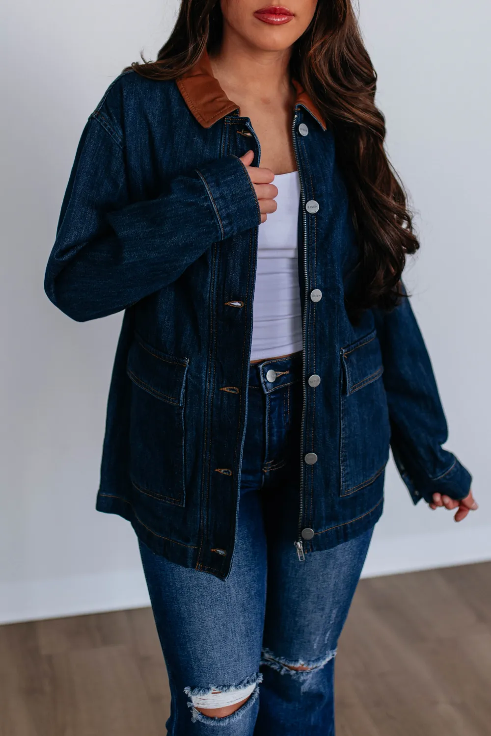 Collared Zip-Front Button-Cuff Drop-Shoulder Leather Jacket