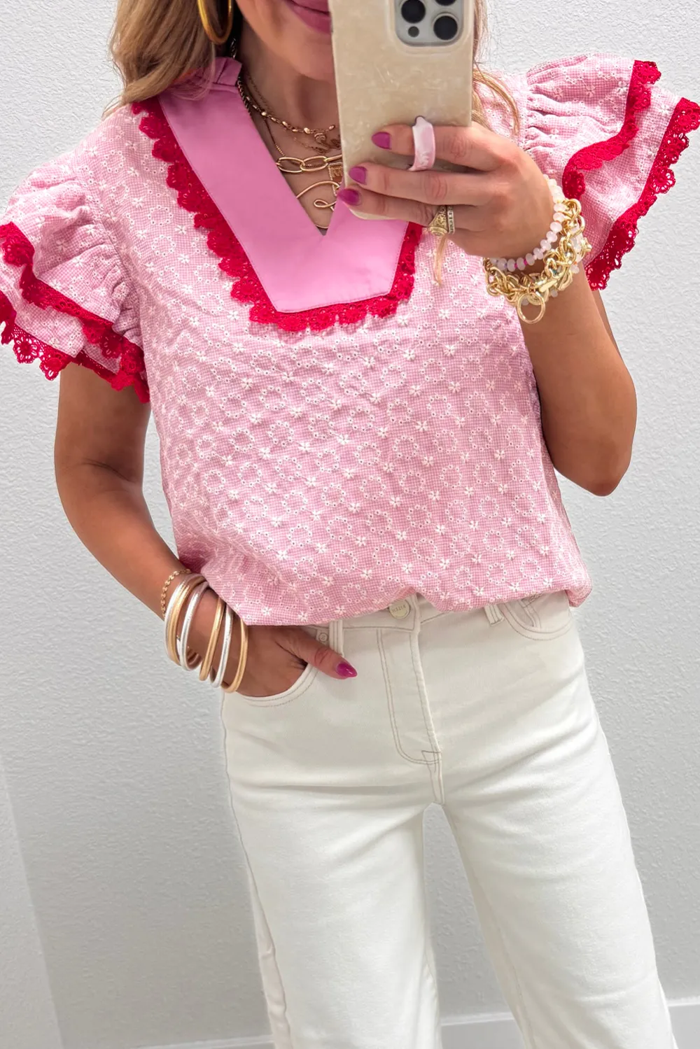 Pink Eyelet Embroidered Flower Texture Blouse