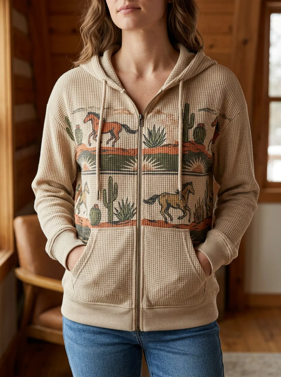 Women's Western Horse Cactus Desert Signature Theme Waffle Zip-Up Hoodie