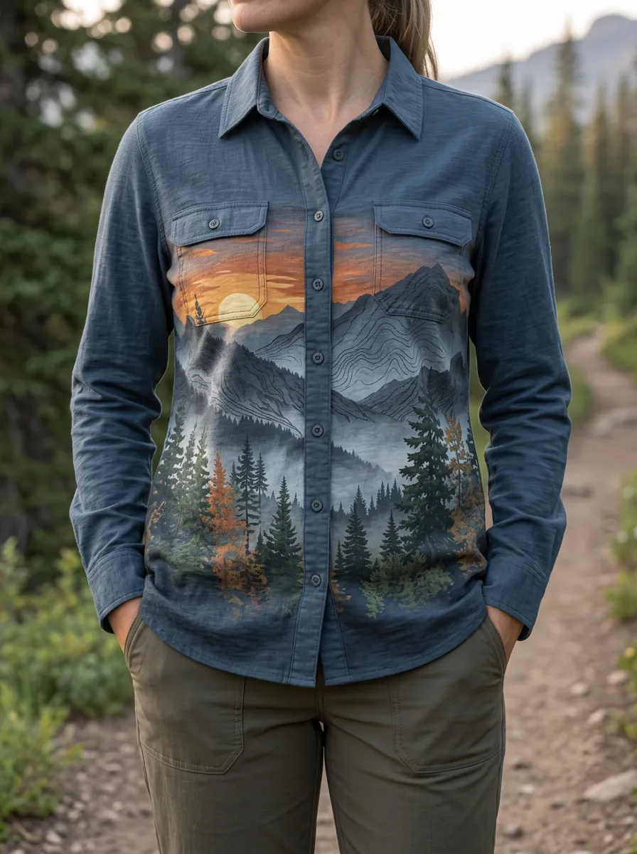 Women's Nature Hiking Lover Sunset Mountain Forest Printed Shirt