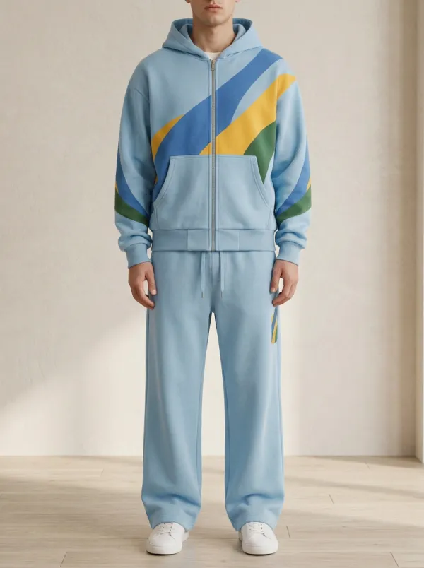 Men's Retro Sportswear Colorblock Striped Printed Hoodie Tracksuit