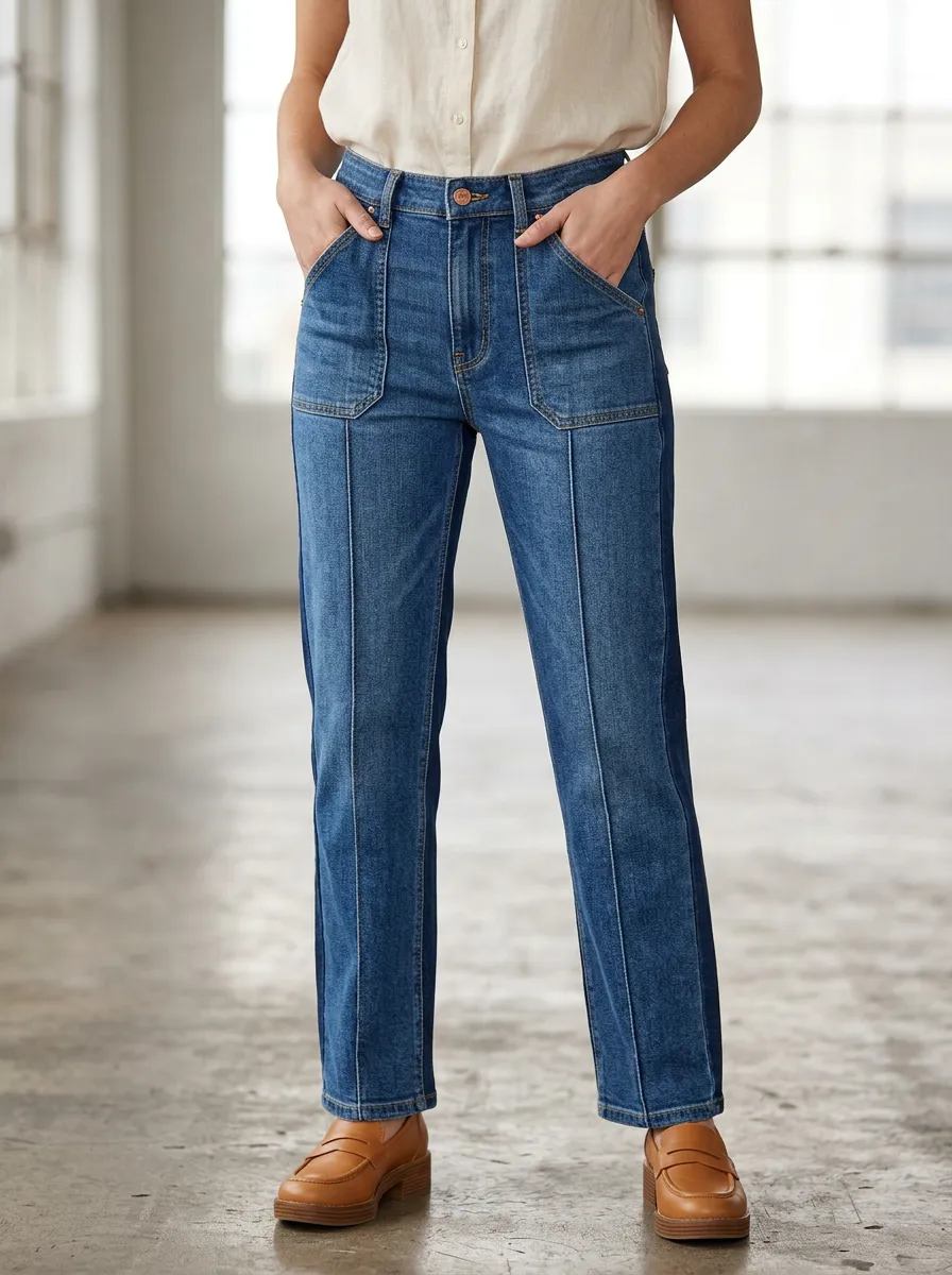 Women's Casual High-Waisted Patch Pocket Seamed Denim Pants
