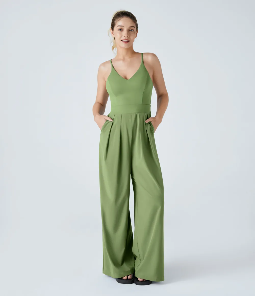 Breezeful Backless Side Invisible Zipper Pocket Wide Leg Quick Dry Resort Slip Jumpsuit