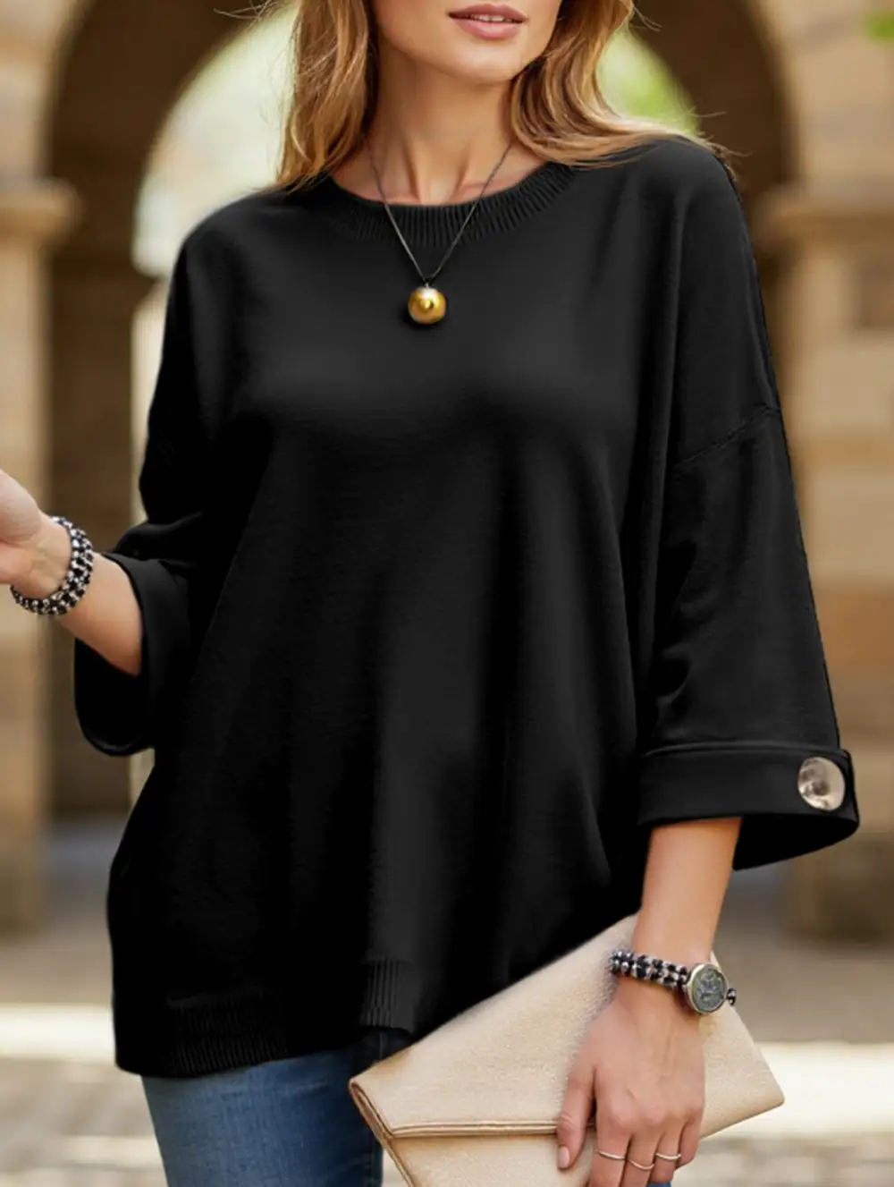 Round Neck and Mid-Sleeve Knitted Top
