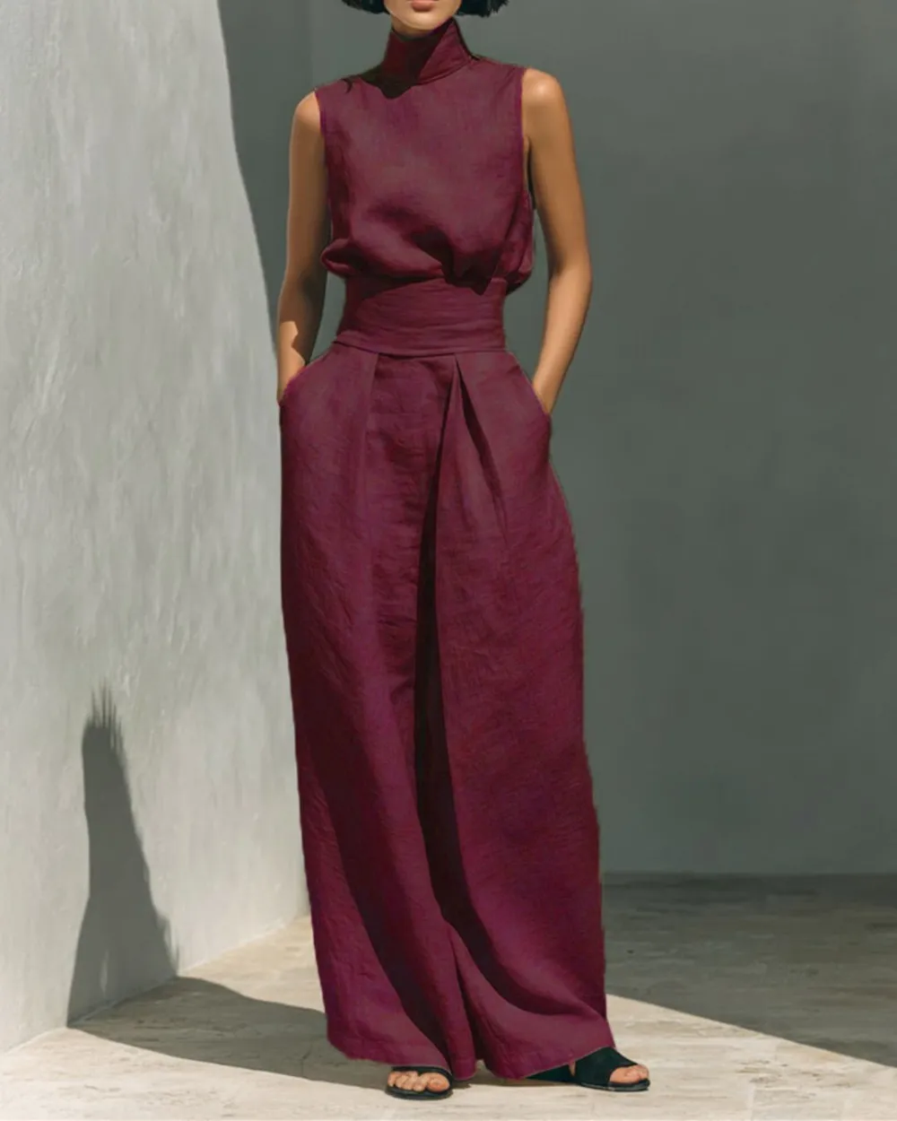 Sleeveless Top Wide Leg Pants Minimalist Two-Piece Outfit
